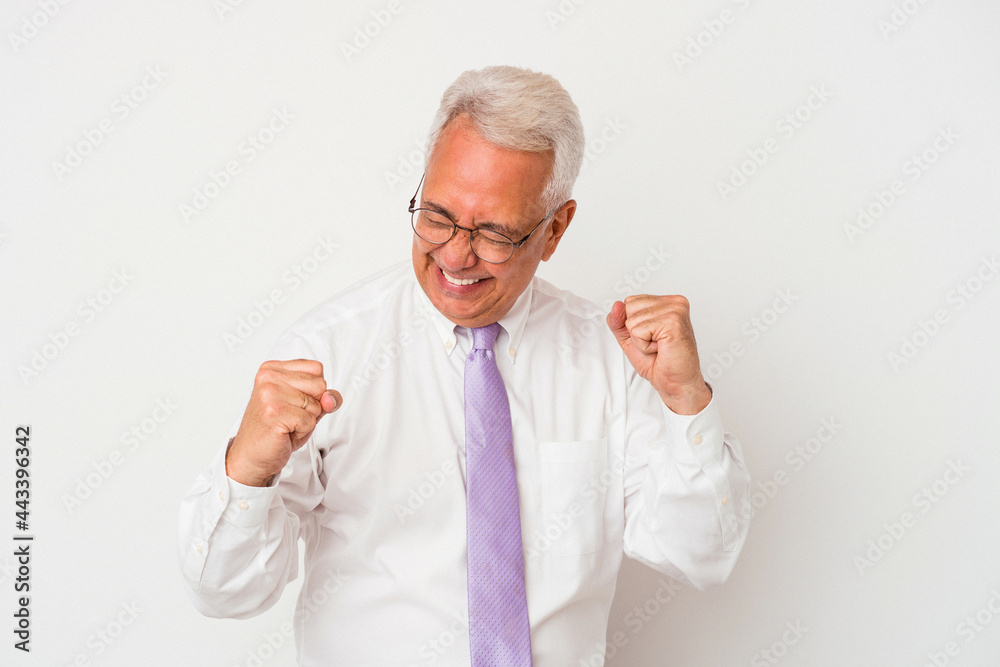 Senior american man isolated on white background dancing and having fun. Senior american man isolated on white background dancing and having fun.