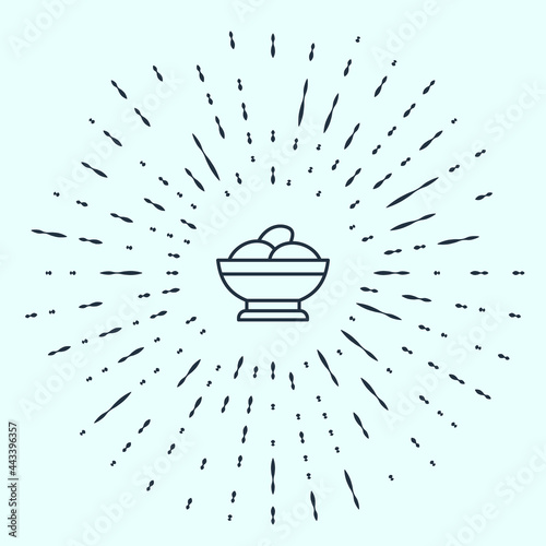 Black line Varenyky in a bowl icon isolated on grey background. Pierogi, varenyky, dumpling, pelmeni, ravioli. Traditional Ukrainian food. Abstract circle random dots. Vector