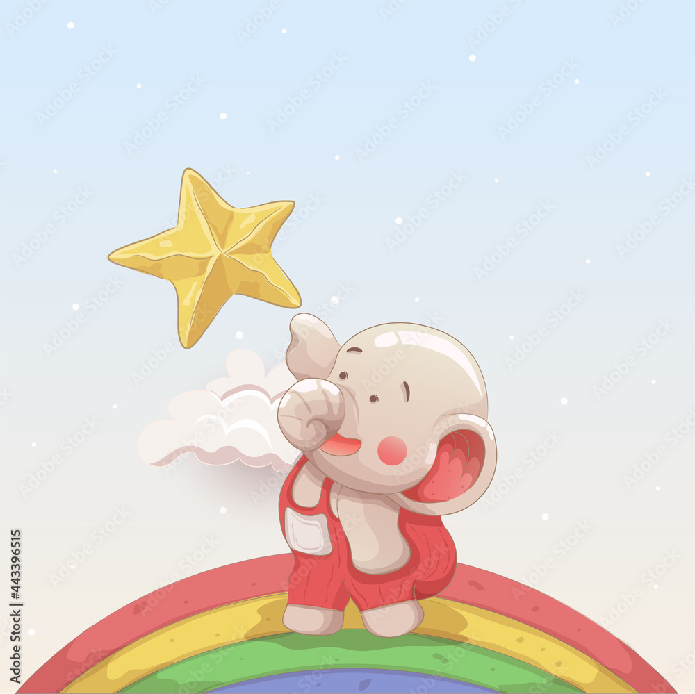 Fototapeta premium cute elephants trying to catch a star. vector hand drawn cartoon art style