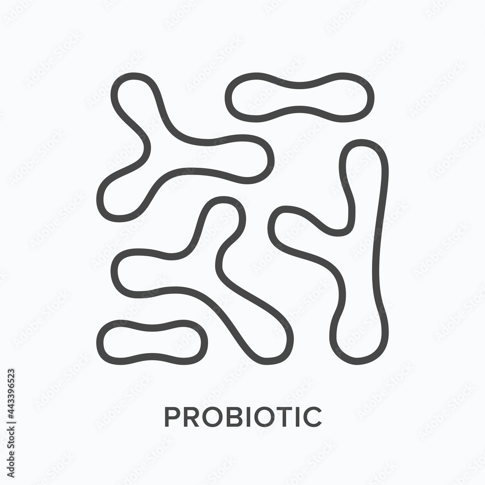 Probiotic flat line icon. Vector outline illustration of bacteria. Black thin linear pictogram for microbiome Probiotic flat line icon. Vector outline illustration of bacteria. Black thin linear pictogram for microbiome