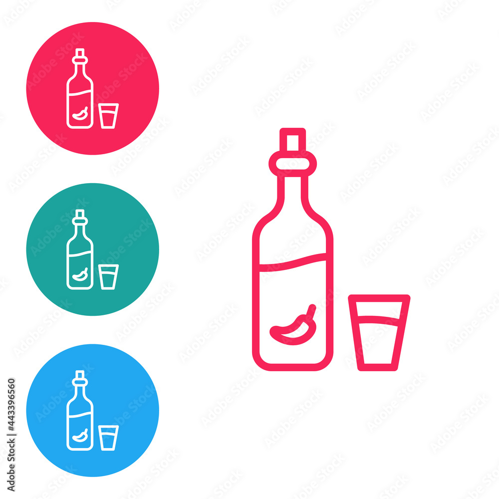 Red line Vodka with pepper and glass icon isolated on white background. Ukrainian national alcohol. Set icons in circle buttons. Vector Red line Vodka with pepper and glass icon isolated on white background. Ukrainian national alcohol. Set icons in circle buttons. Vector