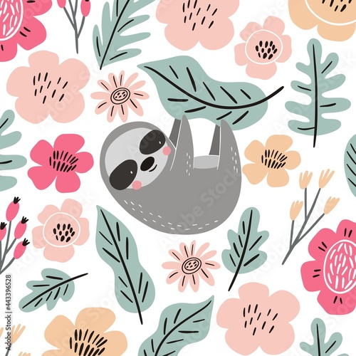 Cute Cartoon sloth and chameleon . Sloth character vector print.  Sloth and leaves vector illustration. Seamless pattern