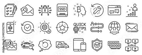 Set of Technology icons  such as Messenger mail  Security confirmed  Stats icons. Bitcoin think  Video conference  Star target signs. Security lock  Mobile devices  Survey checklist. Ssd. Vector