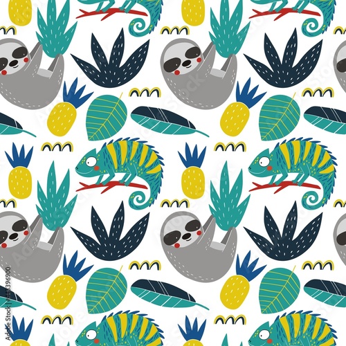 Cute Cartoon sloth and chameleon . Sloth character vector print.  Sloth and leaves vector illustration. Seamless pattern