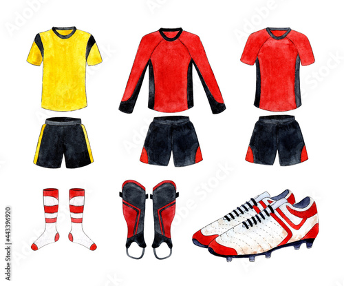 Set of watercolor illustrations of soccer uniforms in red and yellow with black. A set of sports T-shirts and shorts, leggings and boots for training and competition. Isolated over white background. 