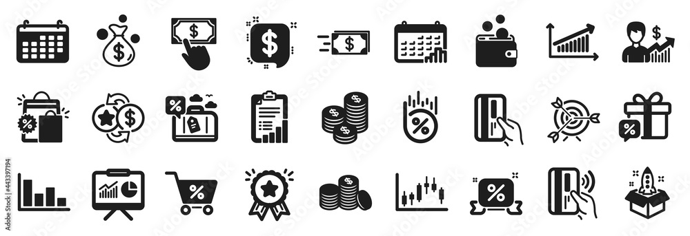 Set of Finance icons, such as Candlestick graph, Contactless payment, Special offer icons. Presentation, Calendar, Histogram signs. Startup, Shopping bags, Coins. Money transfer, Sale gift. Vector Set of Finance icons, such as Candlestick graph, Contactless payment, Special offer icons. Presentation, Calendar, Histogram signs. Startup, Shopping bags, Coins. Money transfer, Sale gift. Vector