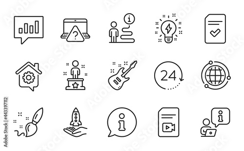 Education icons set. Included icon as Video file, Globe, Electric guitar signs. Online question, Crowdfunding, Success symbols. Checked file, Inspiration, 24 hours. Analytical chat. Vector