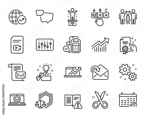 Vector set of World statistics, Receive mail and Speech bubble line icons set. Sales diagram, Mail letter and Certificate icons. Work, Justice scales and Winner podium signs. Vector