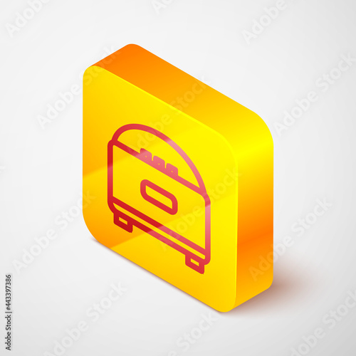Isometric line Stereo speaker icon isolated on grey background. Sound system speakers. Music icon. Musical column speaker bass equipment. Yellow square button. Vector