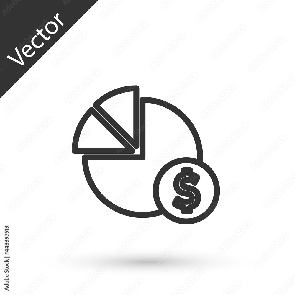 Grey line Pie chart infographic and dollar symbol icon isolated on white background. Diagram chart sign. Vector Grey line Pie chart infographic and dollar symbol icon isolated on white background. Diagram chart sign. Vector