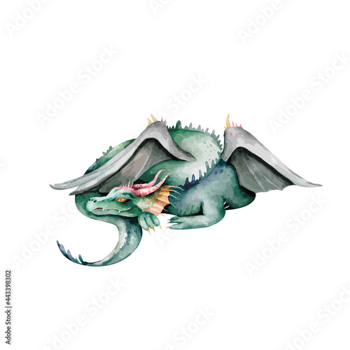 Cute green flying dragon Hand drawn watercolor nursery Isolated illustration on white background. Chinese symbol. Myth chinese animal