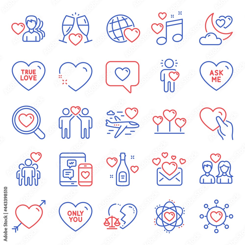 Love icons set. Included icon as Man love, Dating network, Couple love signs. Hold heart, Ask me, Only you symbols. Friend, Friendship, Honeymoon travel. Friends world, Divorce lawyer. Vector Love icons set. Included icon as Man love, Dating network, Couple love signs. Hold heart, Ask me, Only you symbols. Friend, Friendship, Honeymoon travel. Friends world, Divorce lawyer. Vector