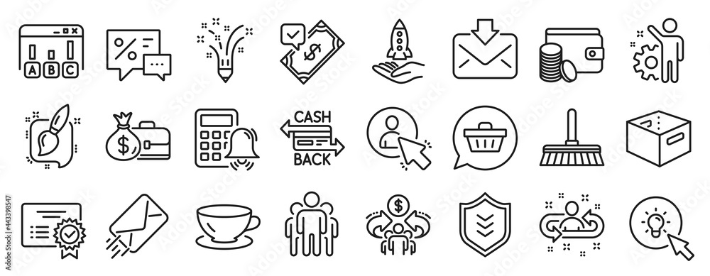 Set of line icons, such as Employee, Salary, Group icons. Discounts, Shield, User signs. Recruitment, Certificate, Payment method. Cashback card, Inspiration, Calculator alarm. Office box. Vector Set of line icons, such as Employee, Salary, Group icons. Discounts, Shield, User signs. Recruitment, Certificate, Payment method. Cashback card, Inspiration, Calculator alarm. Office box. Vector