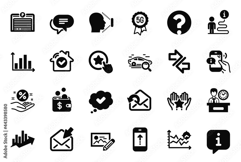 Vector Set of Technology icons related to Approved, Synchronize and Photo edit icons. Question mark, Open mail and Loyalty star signs. Diagram graph, Ranking and House security. Swipe up. Vector