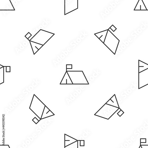 Grey line Protest camp icon isolated seamless pattern on white background. Protesting tent. Vector