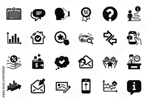Vector Set of Technology icons related to Approved, Synchronize and Photo edit icons. Question mark, Open mail and Loyalty star signs. Diagram graph, Ranking and House security. Swipe up. Vector