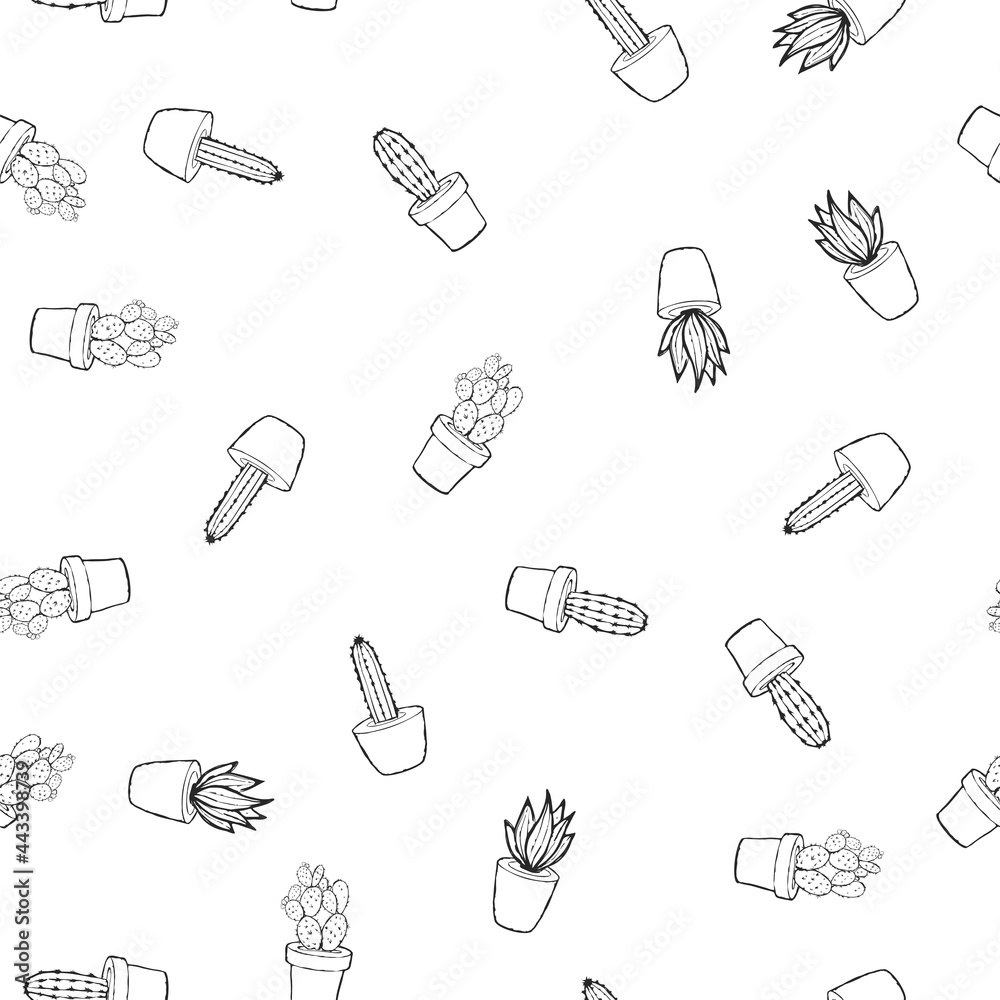 Cacti in pots, flat hand drawing seamless pattern Cacti in pots, flat hand drawing seamless pattern
