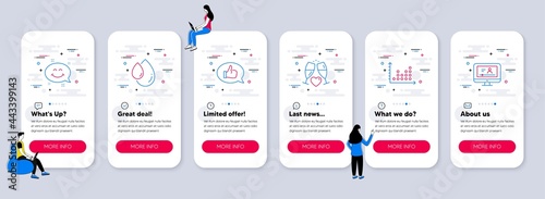 Set of line icons, such as Smile chat, Dot plot, Oil drop icons. UI phone app screens with teamwork. Wedding glasses, Feedback, Online video line symbols. Vector