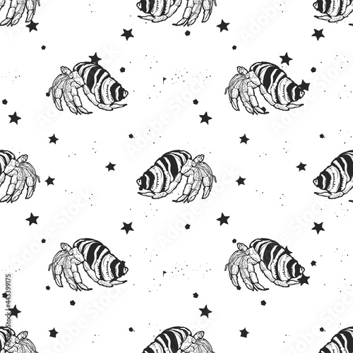 Vector seamless pattern with hermit crab and stars