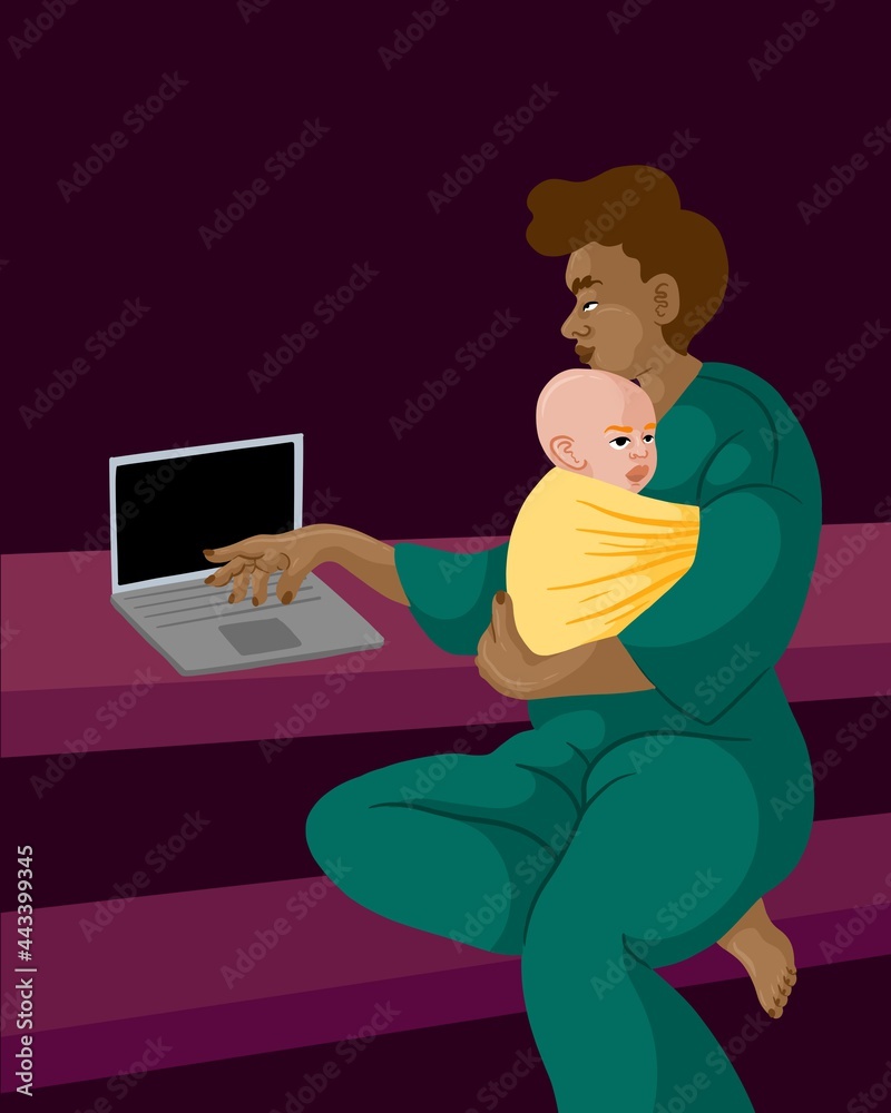 Mum with her newborn child working from home, home office. 