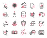 Vector Set of Technology icons related to Megaphone, Smile and Swipe up icons. World insurance, Smartphone statistics and Outsource work signs. Megaphone web symbol. Vector