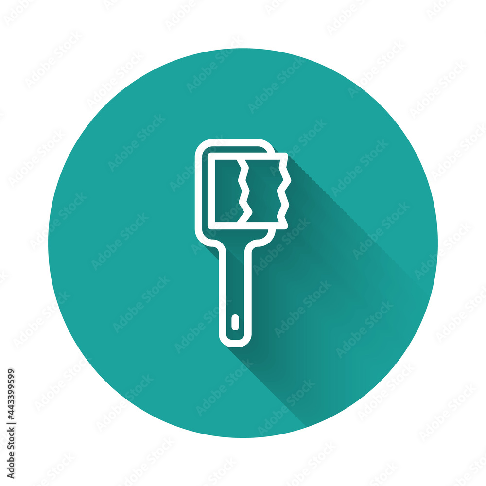 White line Sauna brush icon isolated with long shadow background. Wooden brush with coarse bristles for washing in the bath. Anti cellulite massage. Green circle button. Vector White line Sauna brush icon isolated with long shadow background. Wooden brush with coarse bristles for washing in the bath. Anti cellulite massage. Green circle button. Vector