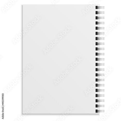 Notebook realistic. White copybook blank closed spiral binder. Paper organizer, sketchbook or diary mockup. Clean sheets, soft cover top view, office stationery vector isolated illustration