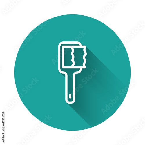 White line Sauna brush icon isolated with long shadow background. Wooden brush with coarse bristles for washing in the bath. Anti cellulite massage. Green circle button. Vector