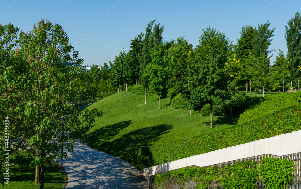 Multilevel landscaped city park 'Krasnodar' or 'Galitsky park'  with ornamental trees and green lawn on slopes. Best place in city for relaxation and walking.