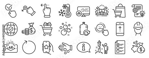 Set of Business icons  such as Checkbox  Voting ballot  Fireworks icons. Touchscreen gesture  Coins bag  Swipe up signs. Global insurance  Loop  Cogwheel. Favorite app  Dislike  Sale bags. Vector