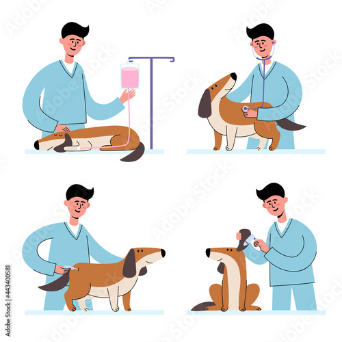 Vector set of man veterinarian holds dog on table