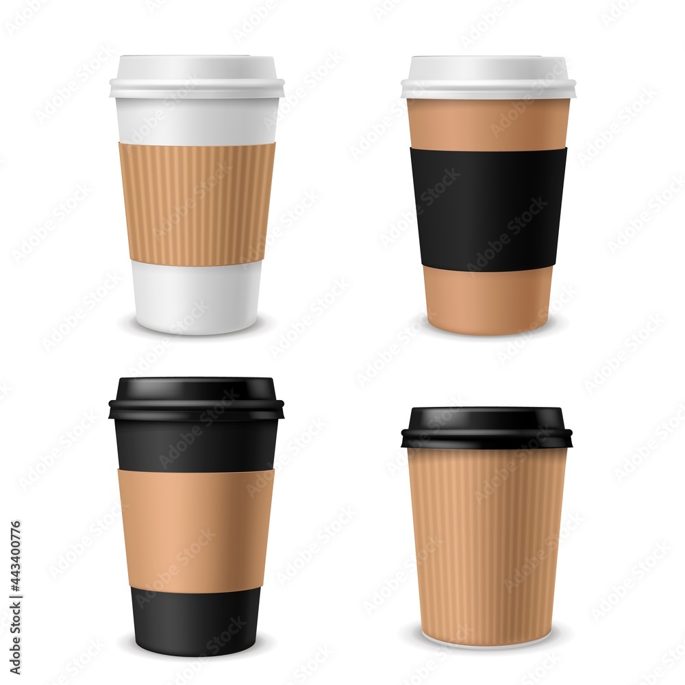 Vecteur Stock Cups coffee paper. Realistic takeaway cup with plastic cap,  blank brown white and black container with lid for morning latte mocha  cappuccino hot drinks. Package mockup vector isolated set