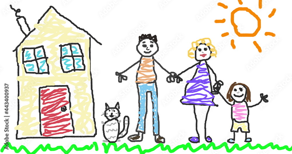 Image of hand drawn couple with daughter and cat next to house and sun on white background Image of hand drawn couple with daughter and cat next to house and sun on white background