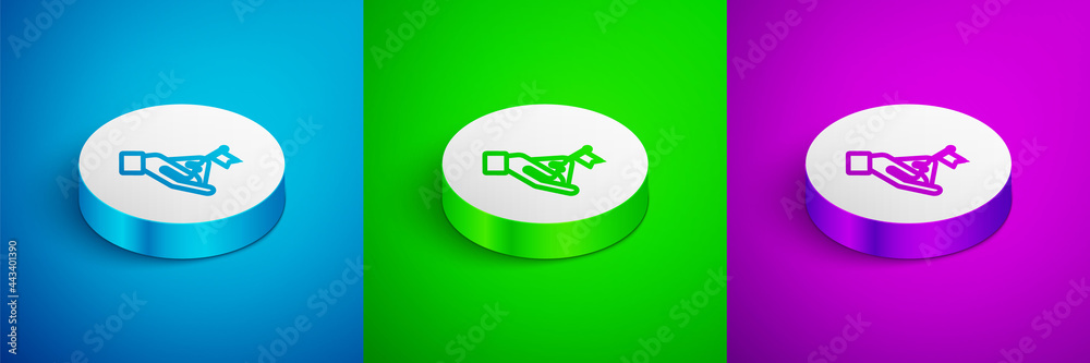 Isometric line Mountains with flag on top icon isolated on blue, green and purple background. Symbol of victory or success concept. Goal achievement. White circle button. Vector Isometric line Mountains with flag on top icon isolated on blue, green and purple background. Symbol of victory or success concept. Goal achievement. White circle button. Vector