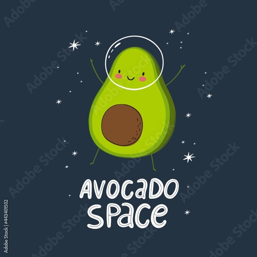 Cute cartoon print with avocado in space. Handwritten quote -  Shine like a star. Hand drawn print with space lettering. Doodle lettering and design elements