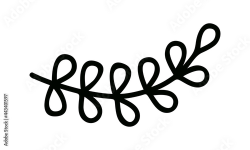 A branch silhouette with leaves in the style of a doodle. Vector illustration, isolated on white background. Floral design element in black color