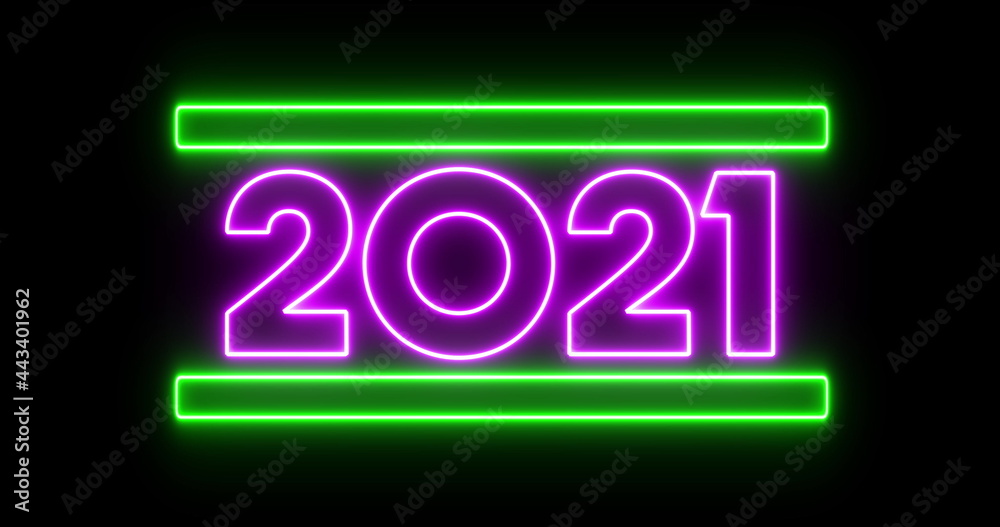 Image of flickering purple neon 2021 number and green bars on black background