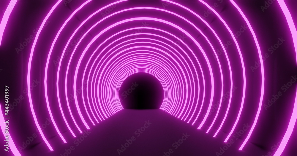 Moving through a tunnel of concetric pink neon arches pulsating on a black background Moving through a tunnel of concetric pink neon arches pulsating on a black background
