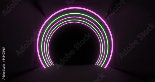 Concetric pink and yellow neon light arches pulsating on a black background