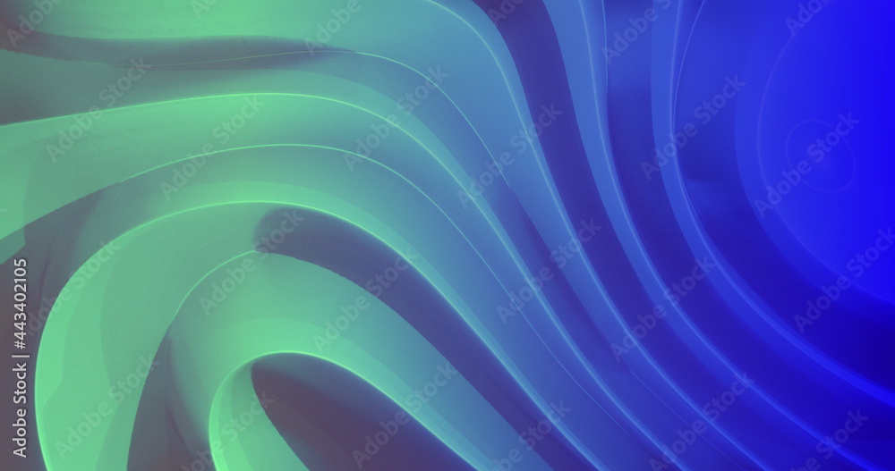 Fototapeta premium Green and blue light and shadwo playing on moving 3d grooved abstract shape