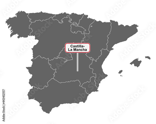 Landkarte von Spanien mit Ortsschild Castilla- La Mancha