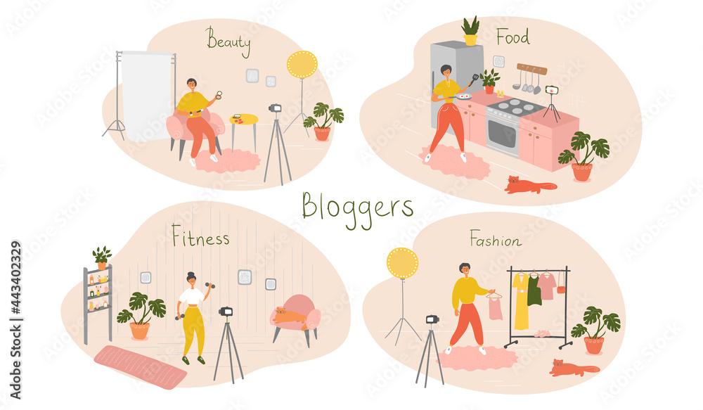Set of bloggers and vloggers characters making internet content. Beauty, food, fitness, fashion bloggers. Influencers shooting vlog. Vector cartoon illustration