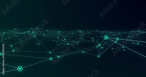 Glowing network of connections and graphs moving against black background