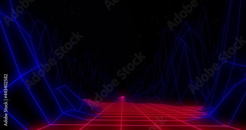 3D mountains over grid lines against black background