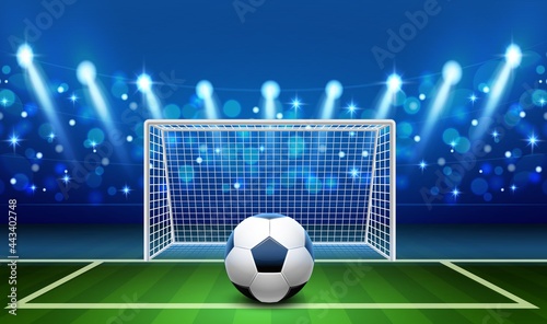 Penalty kick. Realistic soccer ball lying on grass front empty football goal, goalkeeper place, sport stadium with markup, lights on playground. Professional championship vector concept photo