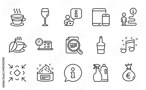Line icons set. Included icon as Online test, Musical note, Check article signs. Mint tea, Shampoo and spray, Money bag symbols. Minimize, Scotch bottle, Skin cream. Wine glass, Coffee cup. Vector