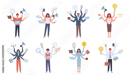 Multitasking people. Business men, women with many hands, productive work, effective planning and control, multi professionals. Male and female talented employee, workaholic vector set photo