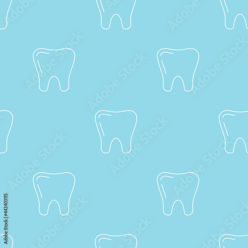White tooth linear seamless pattern. Vector dentist seamless print on blue background for dental design. Outline simple design endless texture.