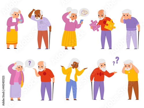 Dementia people. Old men and women suffering memory loss, age-related changes brain activity, senior human alzheimer symptoms. Confusion disorder characters, vector isolated medical care set