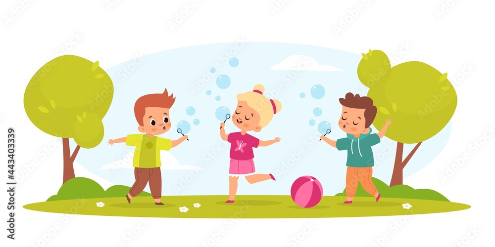 Kids blow bubbles. Funny boys and girl play with soap air balls outdoor in park, childish hobbies and games children party activities. Summer leisure time vector cartoon isolated concept